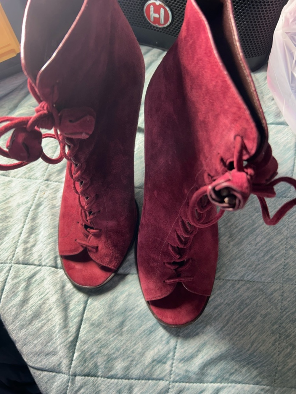 Coach Burgundy Suede Lace-Up Peep-Toe Heeled Boots